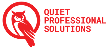 Quiet Professional Solutions logo with red text and a circle with an owl inside.